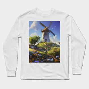 veterný mlyn s roztomilým králikom uprostred, počas leta Long Sleeve T-Shirt